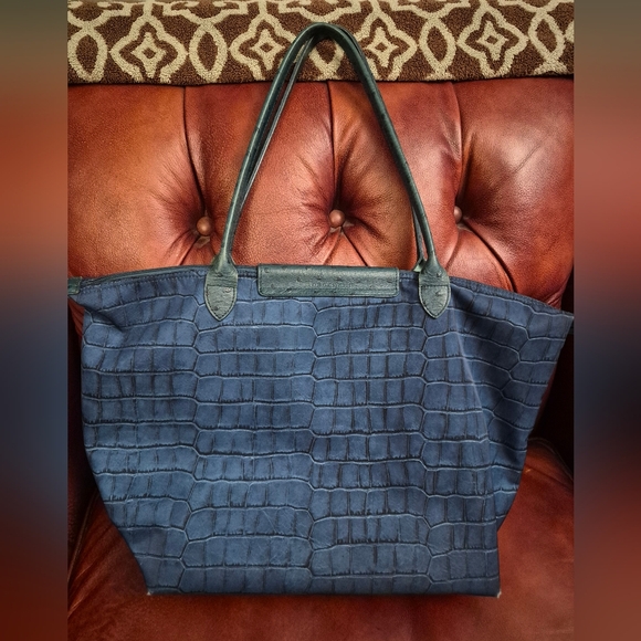 Rare Longchamp Le Pliage Ostrich Trim Nylon Croc Print Tote Blue/teal - Picture 3 of 16